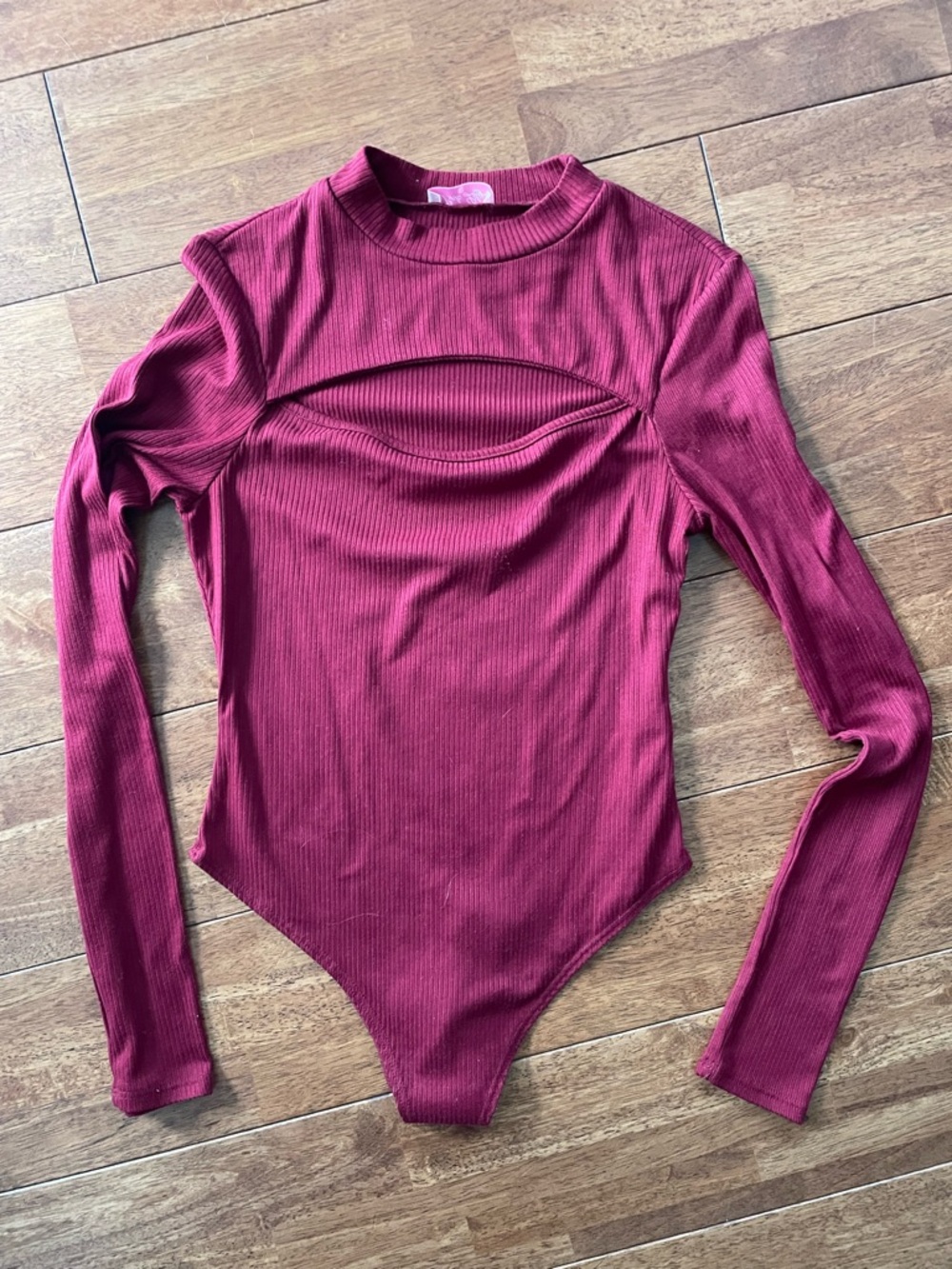 Pink Lily Ribbed Long Sleeve Bodysuit in Wine